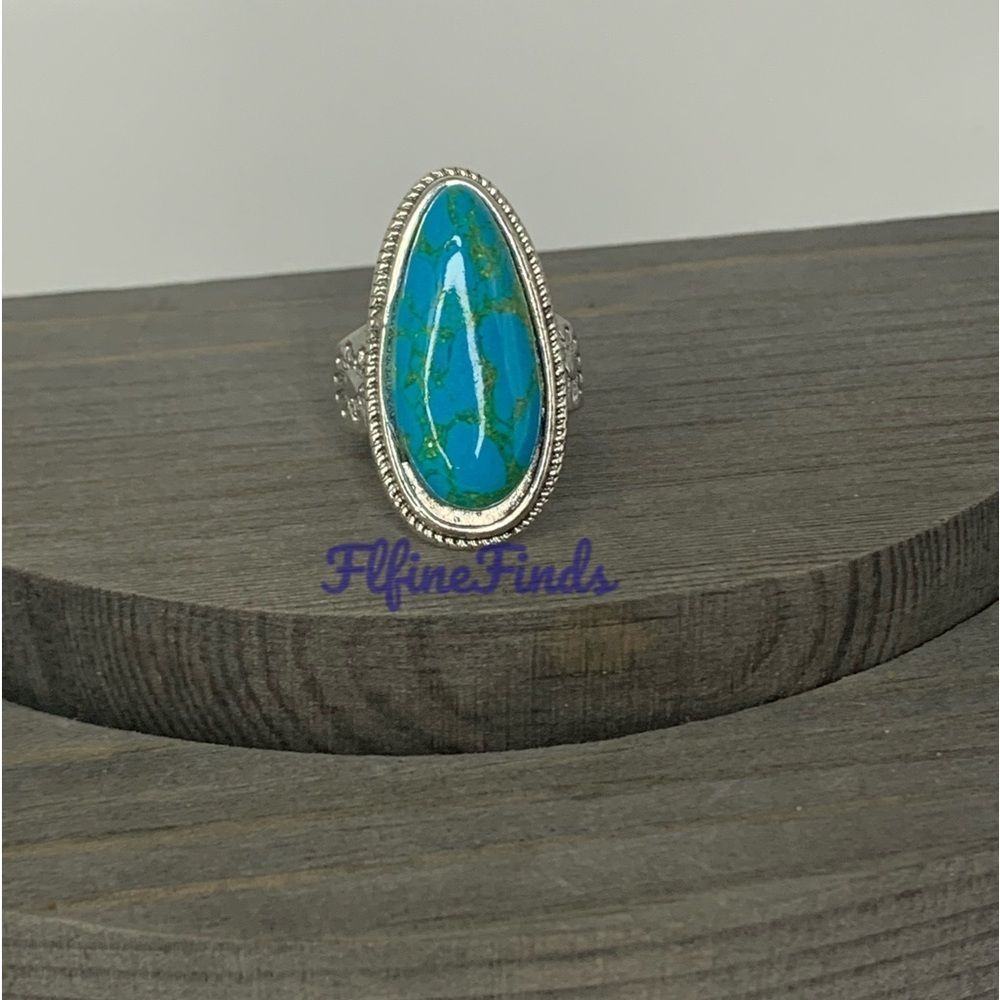 🌞925 Sterling Tibetan Silver Marquis cut Created Turquoise Cabochon Stone Ring - Picture 12 of 16